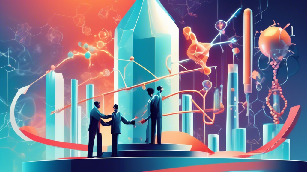 An abstract illustration of a soaring stock graph beside a futuristic pharmaceutical company lab, with a symbolic TIGIT molecule in the foreground, and a depiction of a ceremonial CEO transfer with two professional figures exchanging an oversized leadership baton, all set against a backdrop of dynamic and innovative biotech symbols.