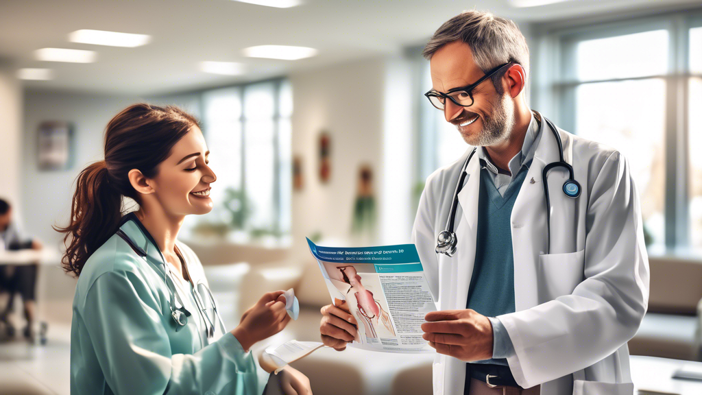 A doctor handing educational brochures about rare diseases to a hopeful-looking patient in a comforting, well-lit medical office, with infographics related to Point of Care Marketing visible in the background.