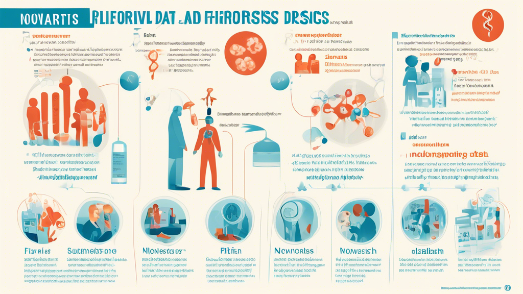 An illustrated infographic comparing the safety and survival data of Novartis' myelofibrosis candidate with Pfizer's drug, incorporating medical and pharmaceutical symbols set against the backdrop of a clinical research environment.