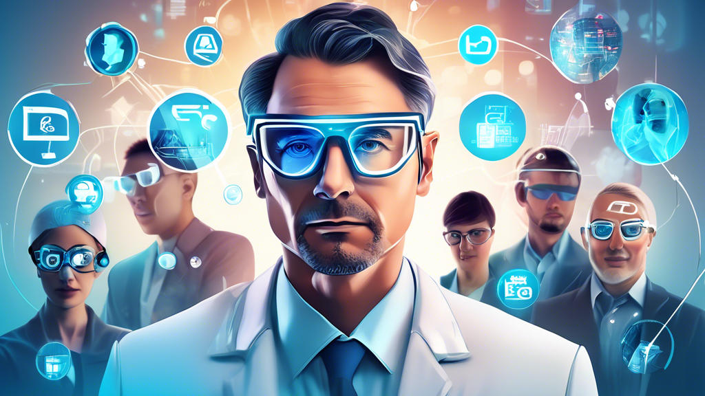 Portrait of Ray Rosti wearing futuristic glasses and surrounded by digital healthcare icons, leading a team in a high-tech media office, with the Klick Media logo prominently displayed in the background.